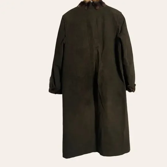 Vintage Oberstoff Brown Faux Suede Faux Fur Trim Long Coat Women's Size 10